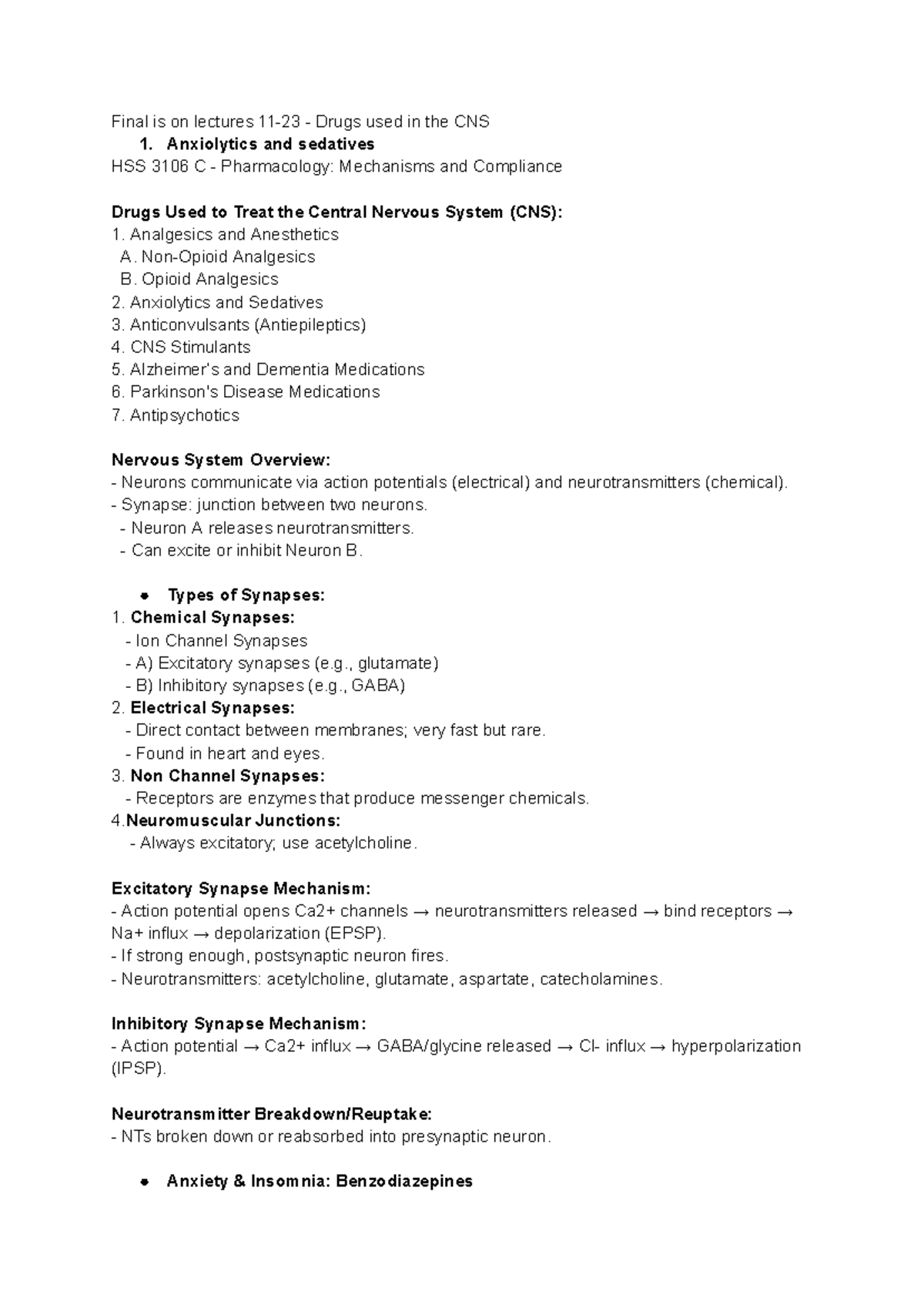 Final Exam Notes: CNS Drugs & Pharmacology HSS 3106 C - Studocu