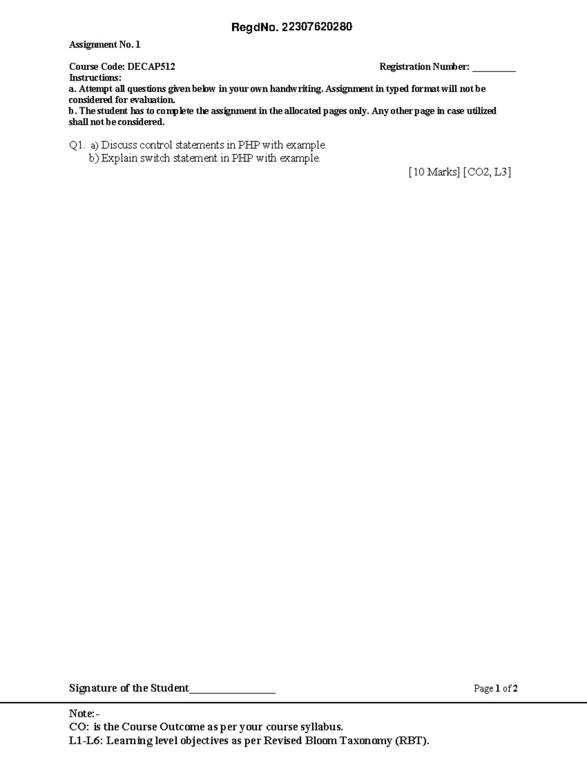 DECAP512 Assignment 1: Control Statements in PHP - Studocu