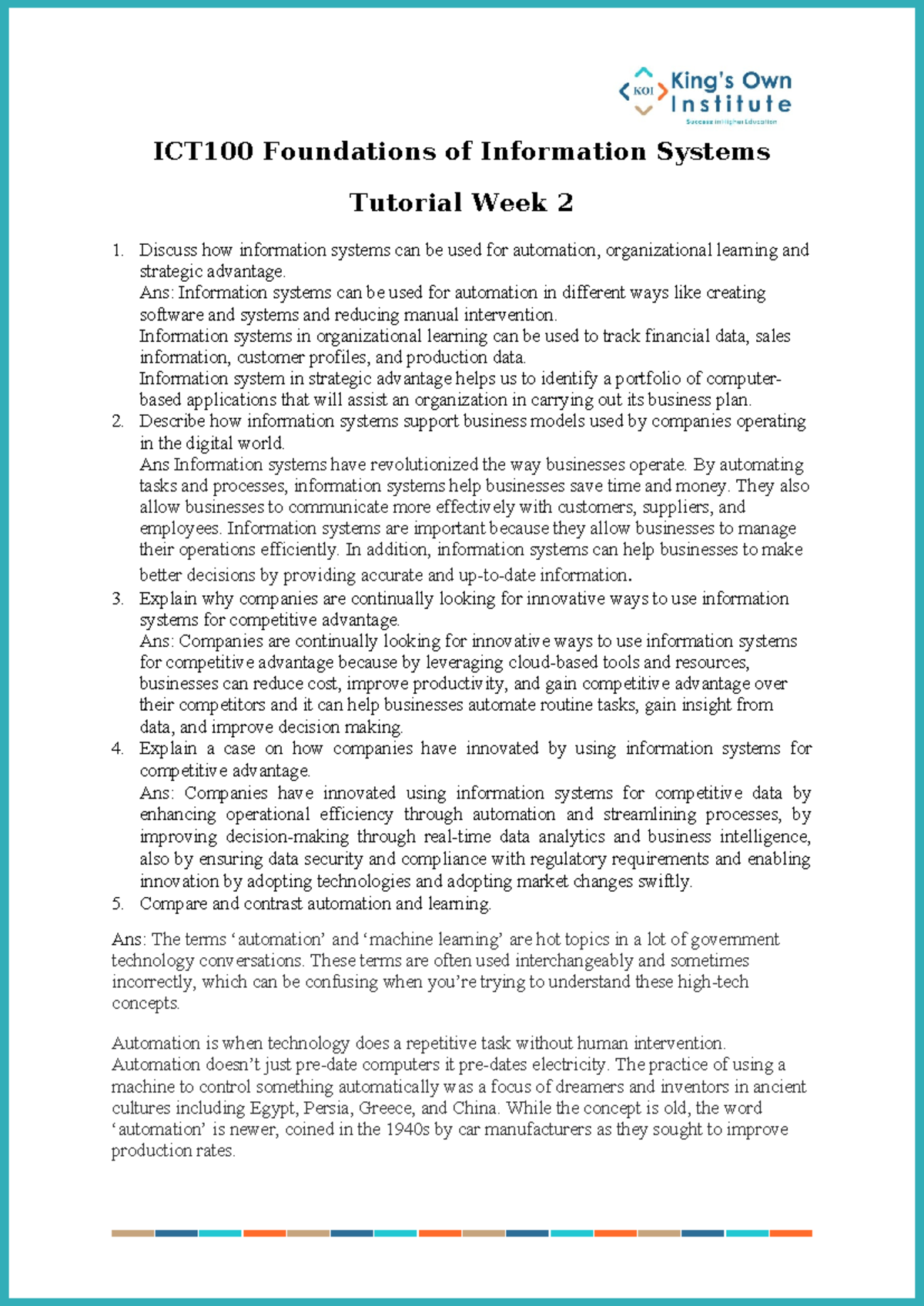 ICT100 Week 2 Tutorial: Information Systems & Business Models ...