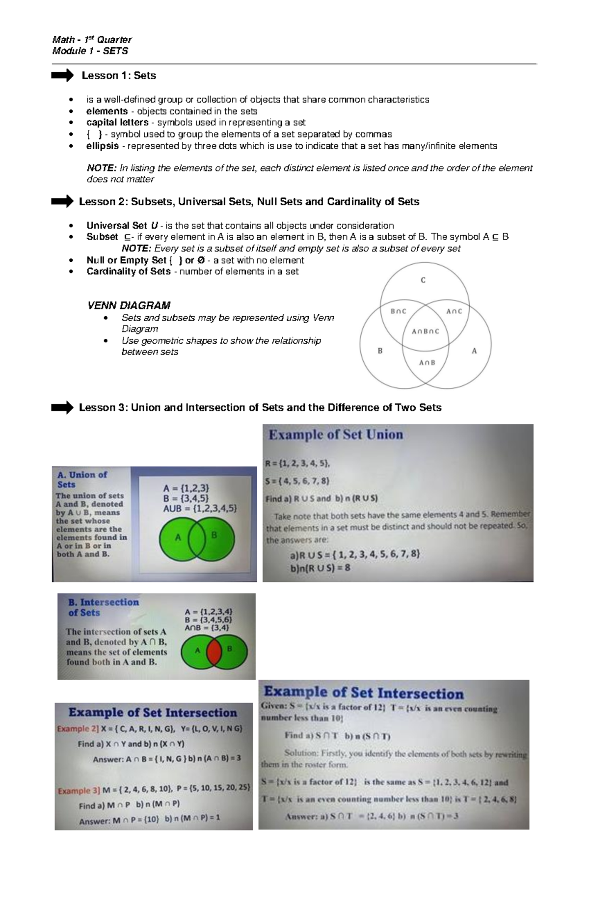 Math 101: Comprehensive 1st Quarter Notes on Sets and Operations - Studocu