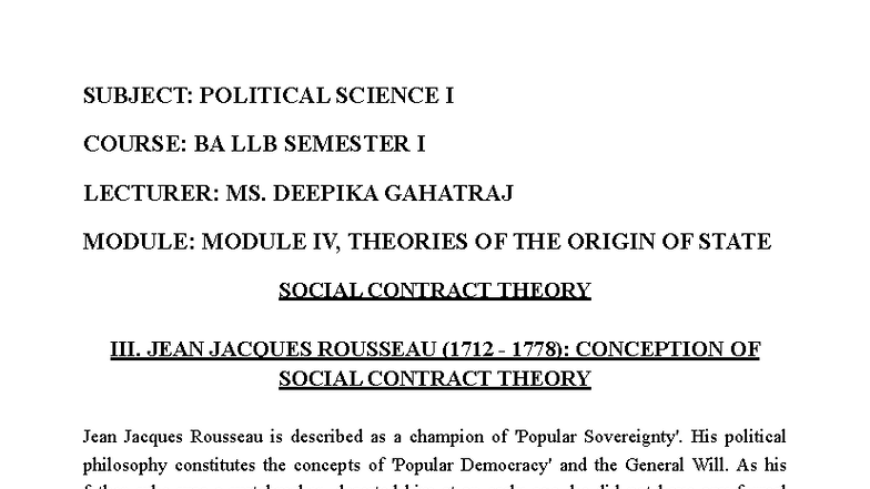 Political Science I: Social Contract Theory by Rousseau - BA LLB Sem I ...