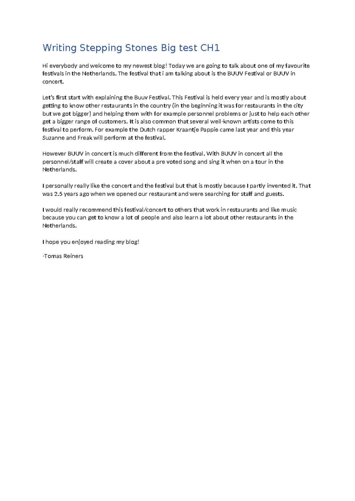 Writing Stepping Stones Big Test CH1 - BUUV Festival Overview - Studeersnel