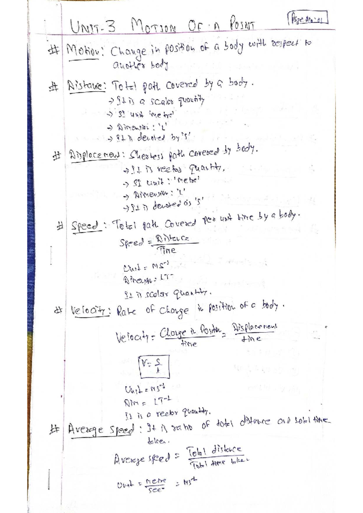 Unit 3: Motion of a Point - Study Notes for Exam Preparation - Studocu