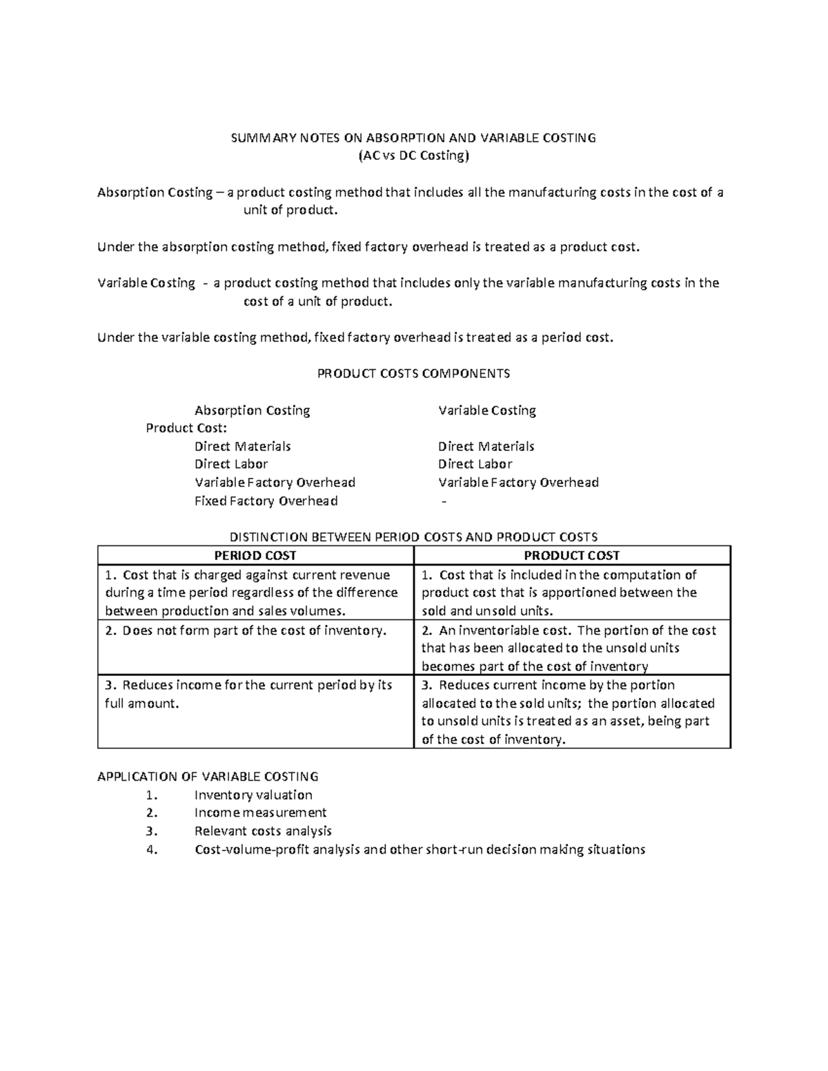 SUMMARY NOTES ON ABSORPTION AND VARIABLE COSTING (AC vs VC) - Studocu