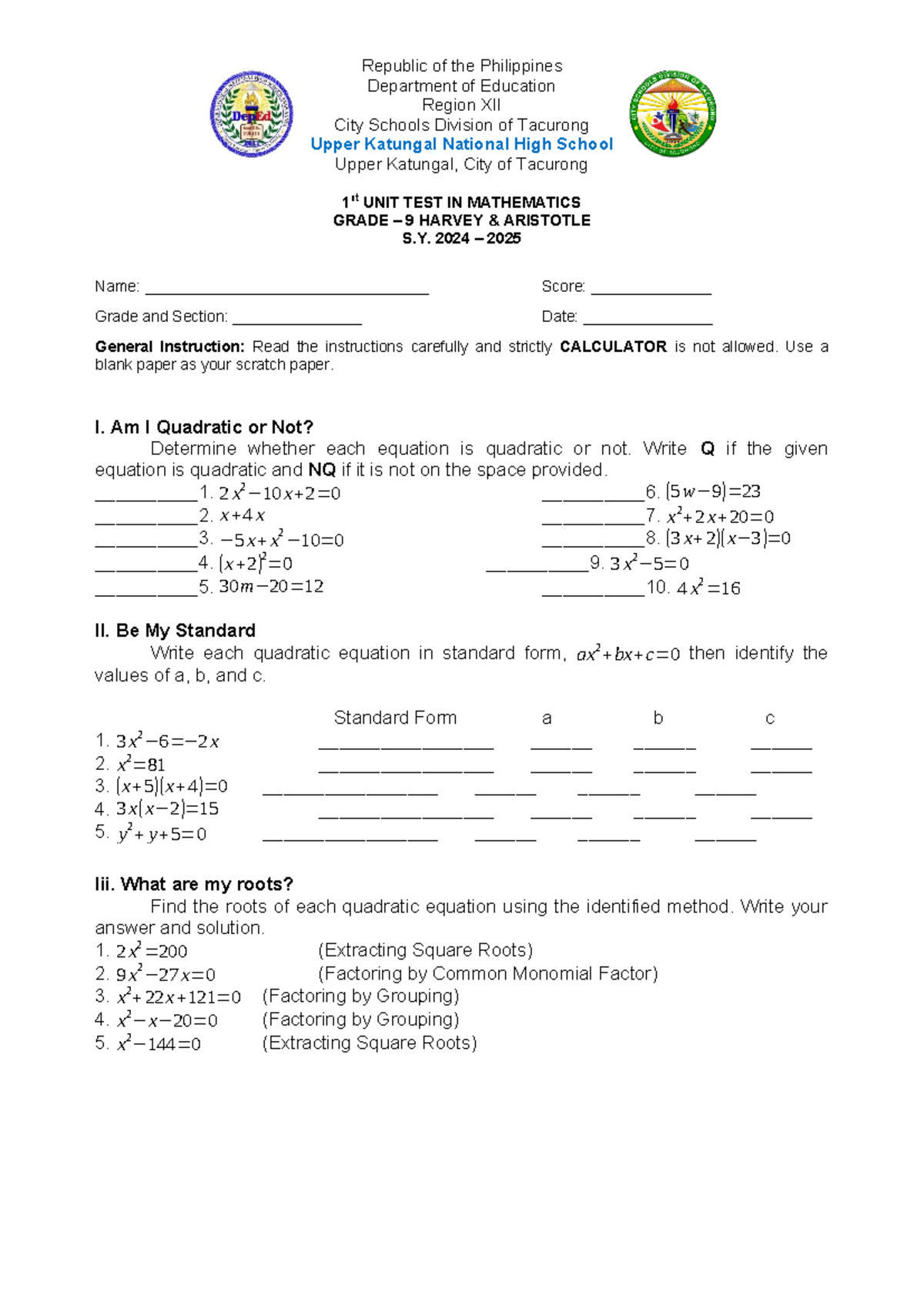 Grade 9 Math 1st Unit Test: Quadratic Equations & Roots - Studocu