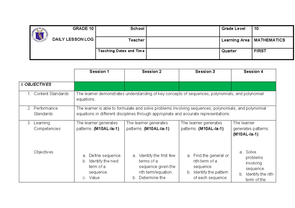 Grade 10 Q1 Week 1 Daily Lesson Log: Sequences & Polynomials - Studocu