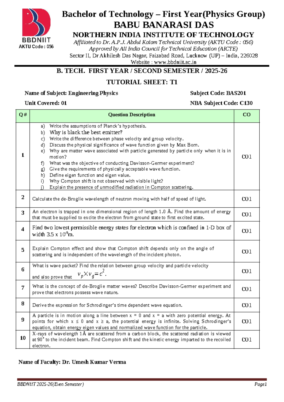 B. Tech 1st Year (BAS201) Engineering Physics Tutorial Sheet Unit 01 ...