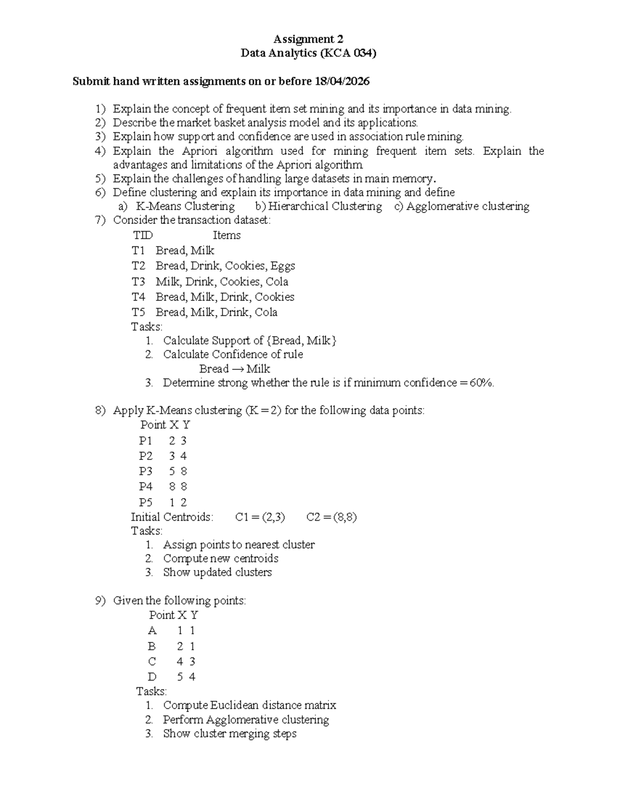 Assignment 2 - Data Analytics (KCA 034) on Frequent Item Set Mining ...