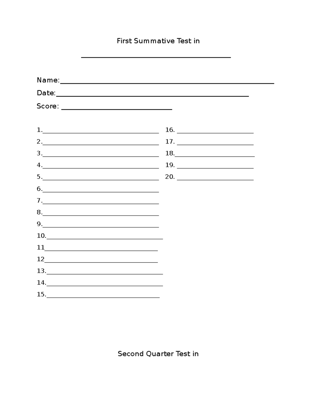 Answer sheet - gfcgcghghfgfh - First Summative Test in