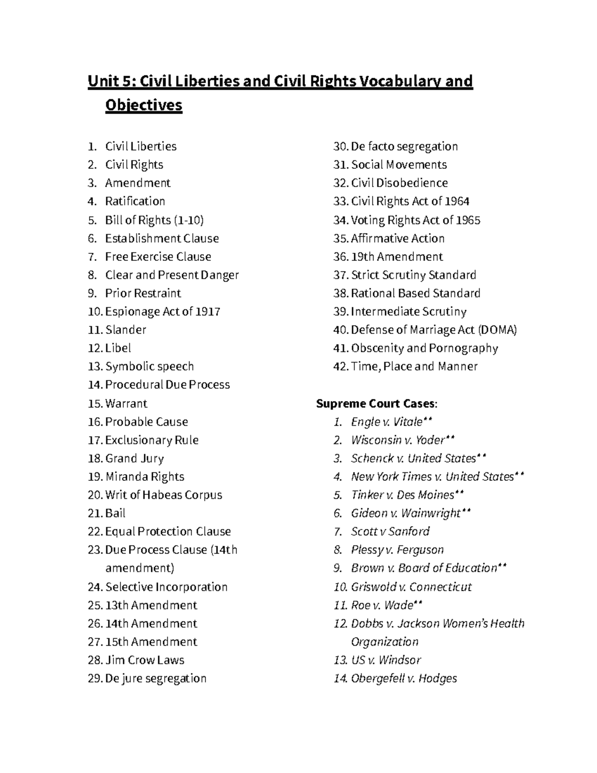Unit 5: Civil Liberties & Civil Rights Vocabulary and Objectives - Unit ...