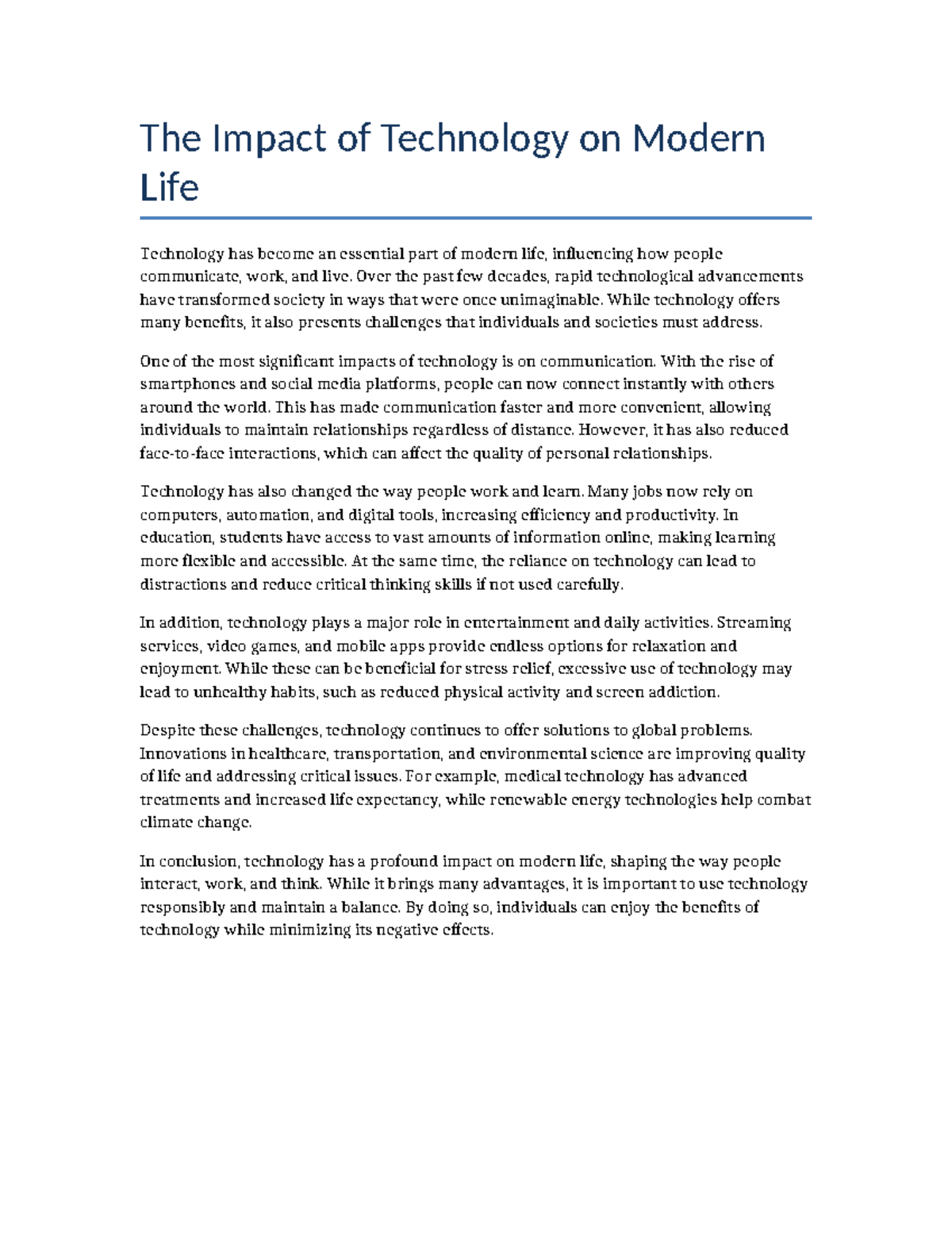 The Impact of Technology on Modern Life: A Comprehensive Study - Studocu