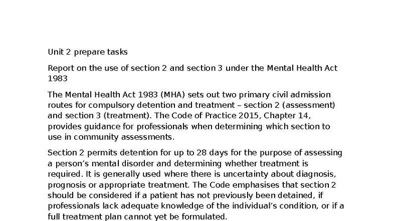 Unit 2 Report on Mental Health Act 1983: Sections 2 & 3 Analysis - Studocu