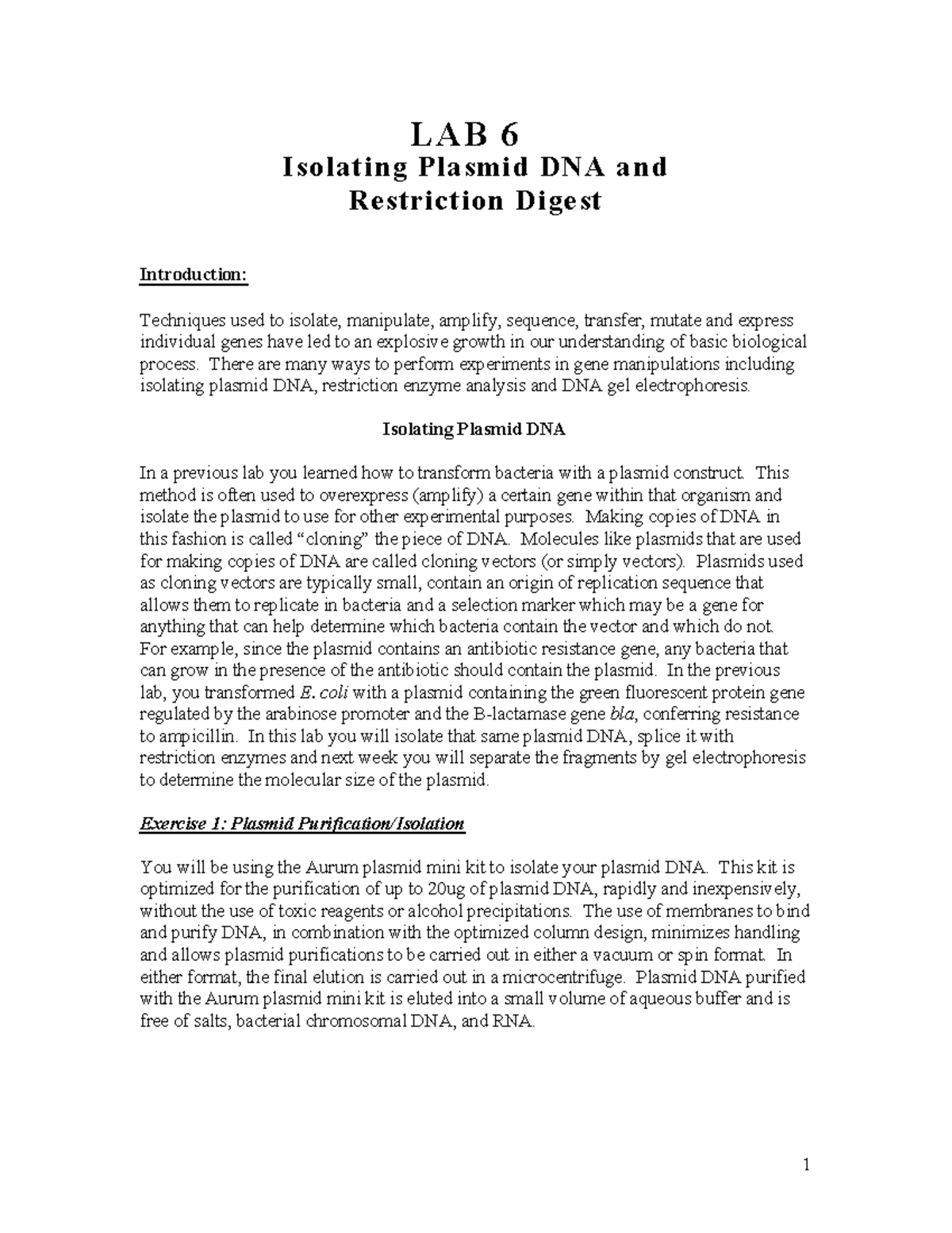 Bio2 - Lab6 - Isolating Plasmid DNA & Restriction Digest Report - Studocu