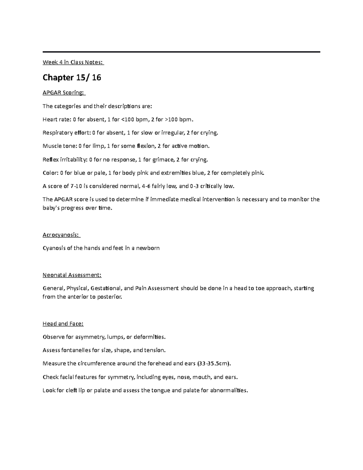 Class Notes n306 - Week 4 in Class Notes: Chapter 15/ 16 APGAR Scoring ...