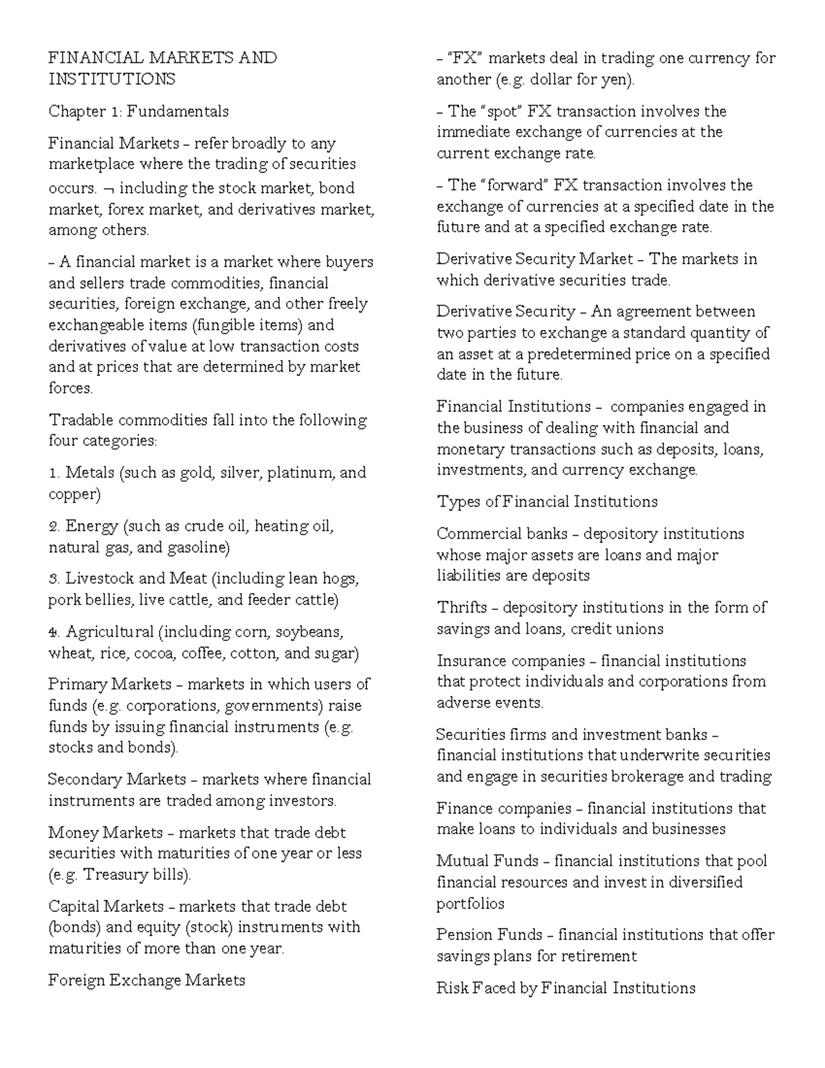 FM 101: Financial Markets and Institutions - Final Exam Notes - Studocu