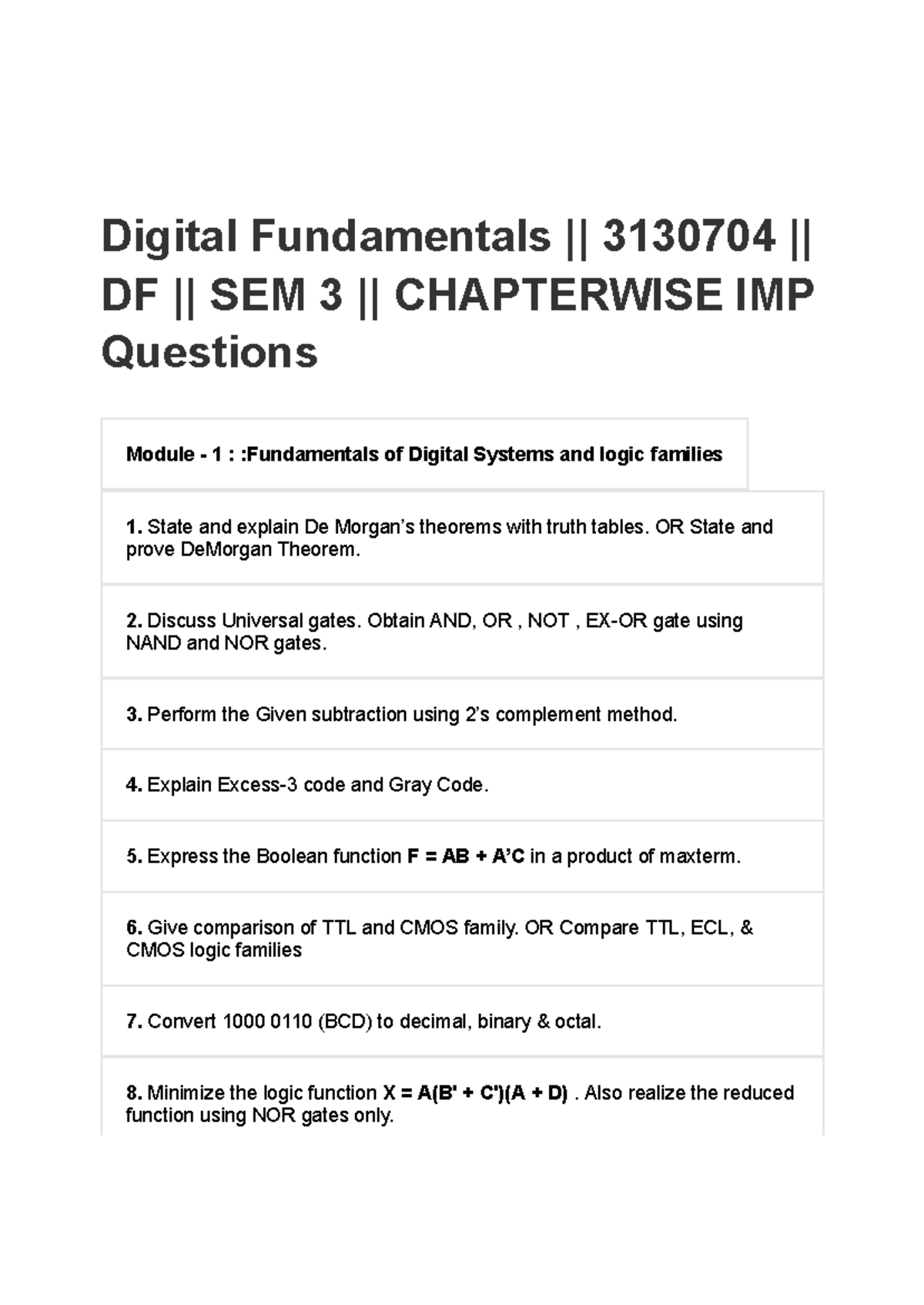 Digital Fundamentals Important Topics Overview - 3130704 - Studocu