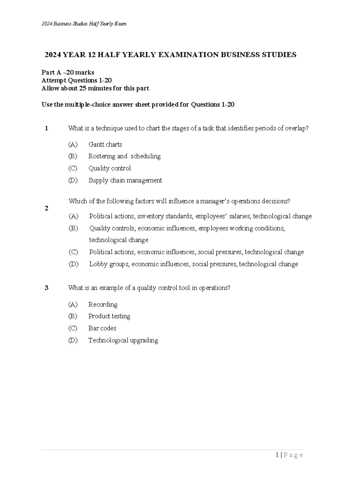 2024 Business Studies Year 12 Half Yearly Exam Review - Studocu