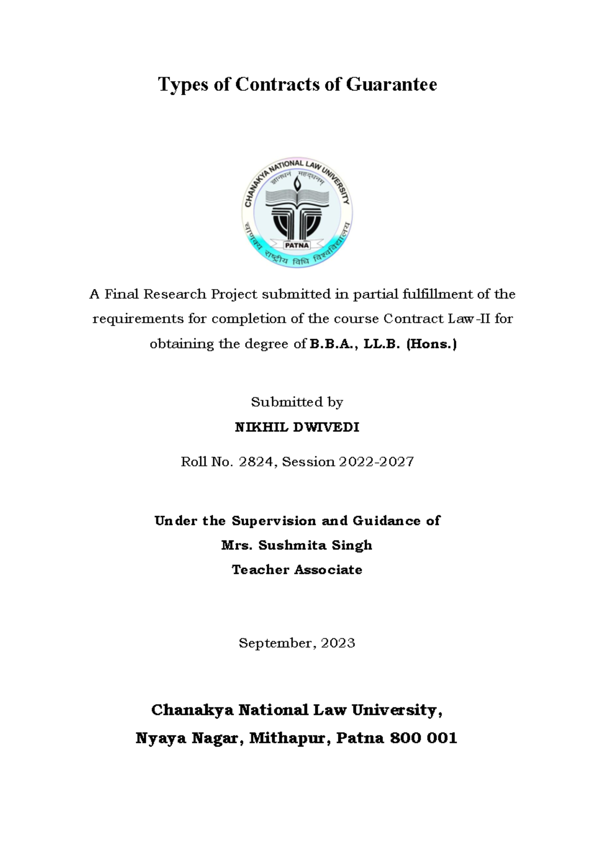 Contracts II Final Research Project: Exploring Contract of Guarantee ...