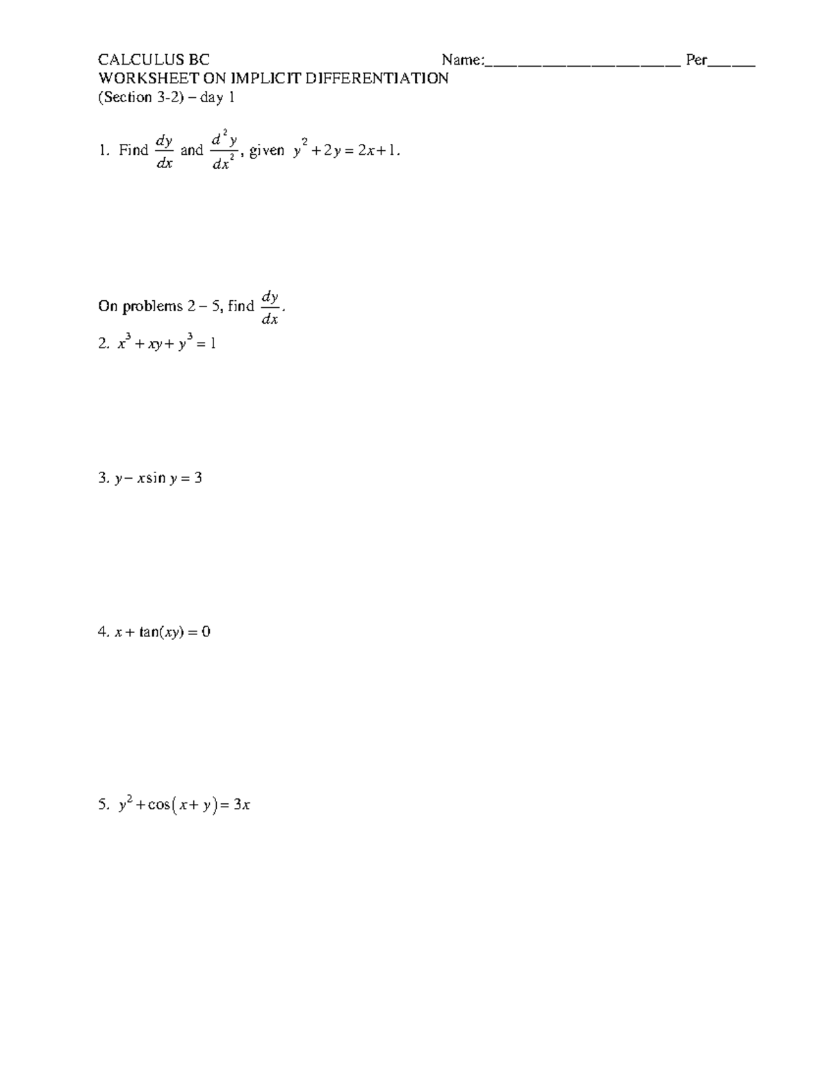 CALCULUS BC: Worksheet on Implicit Differentiation (Sec 3-2) Day 1 ...