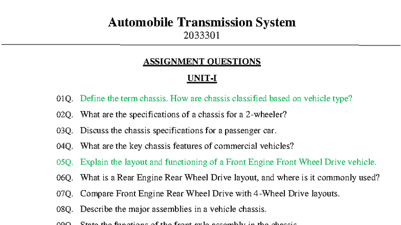 ATS - Automobile Transmission System Assignment Questions - Studocu