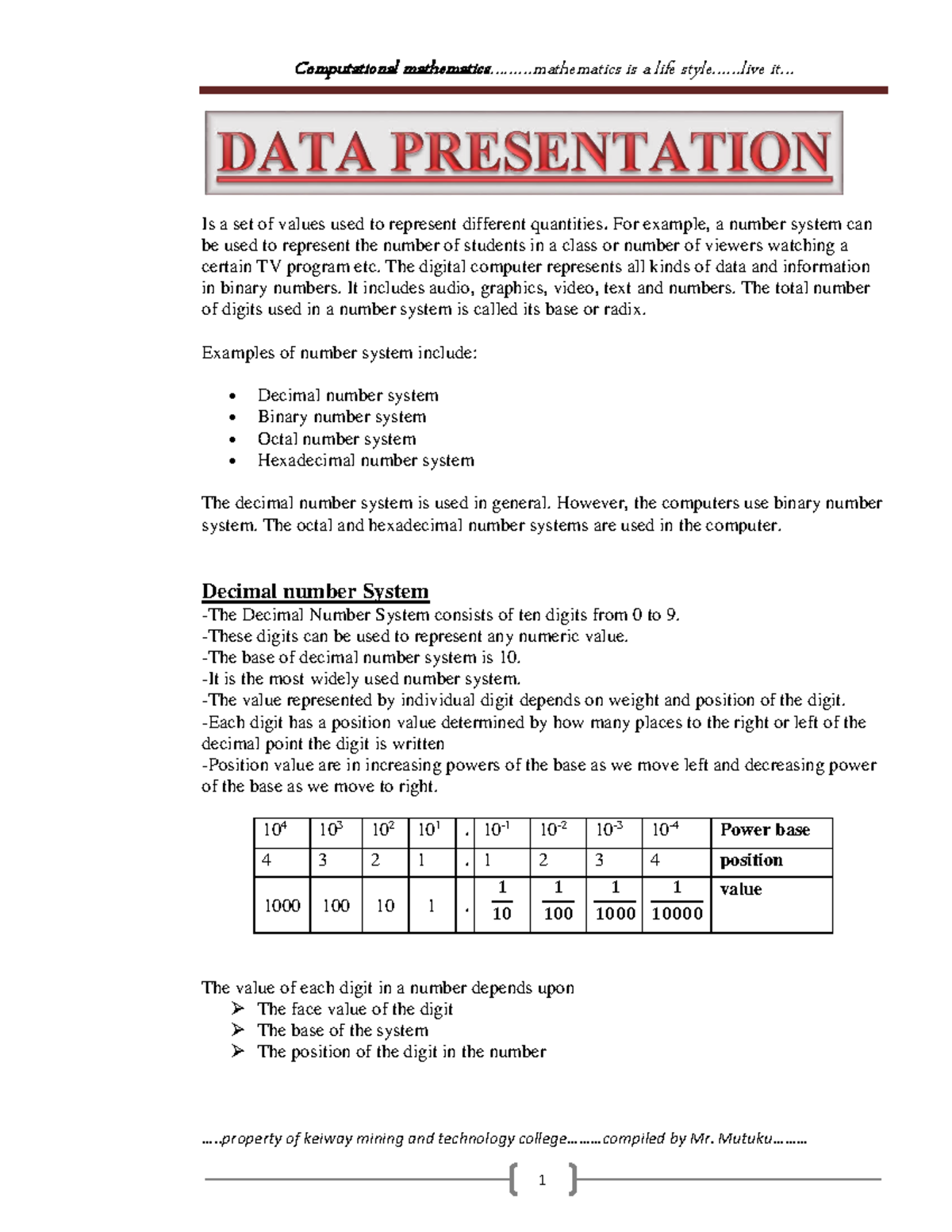 Computational Maths for Diploma in ICT: Number Systems Overview - Studocu