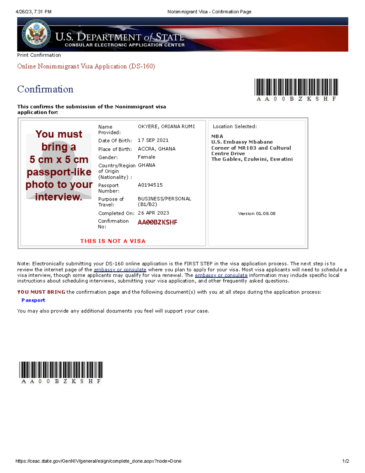 Nonimmigrant Visa Application Confirmation Page - DS-160 Details - Studocu