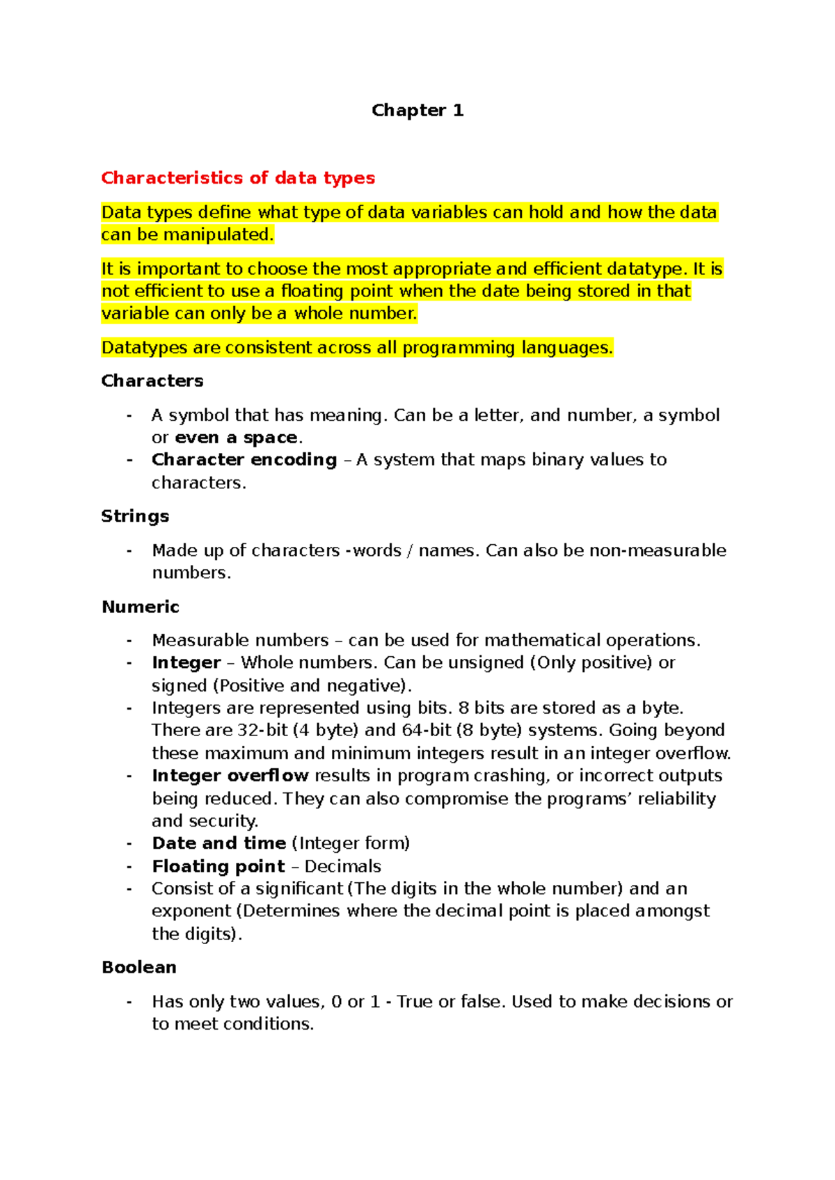 Software Development CH1: Characteristics of Data Types and Structures ...