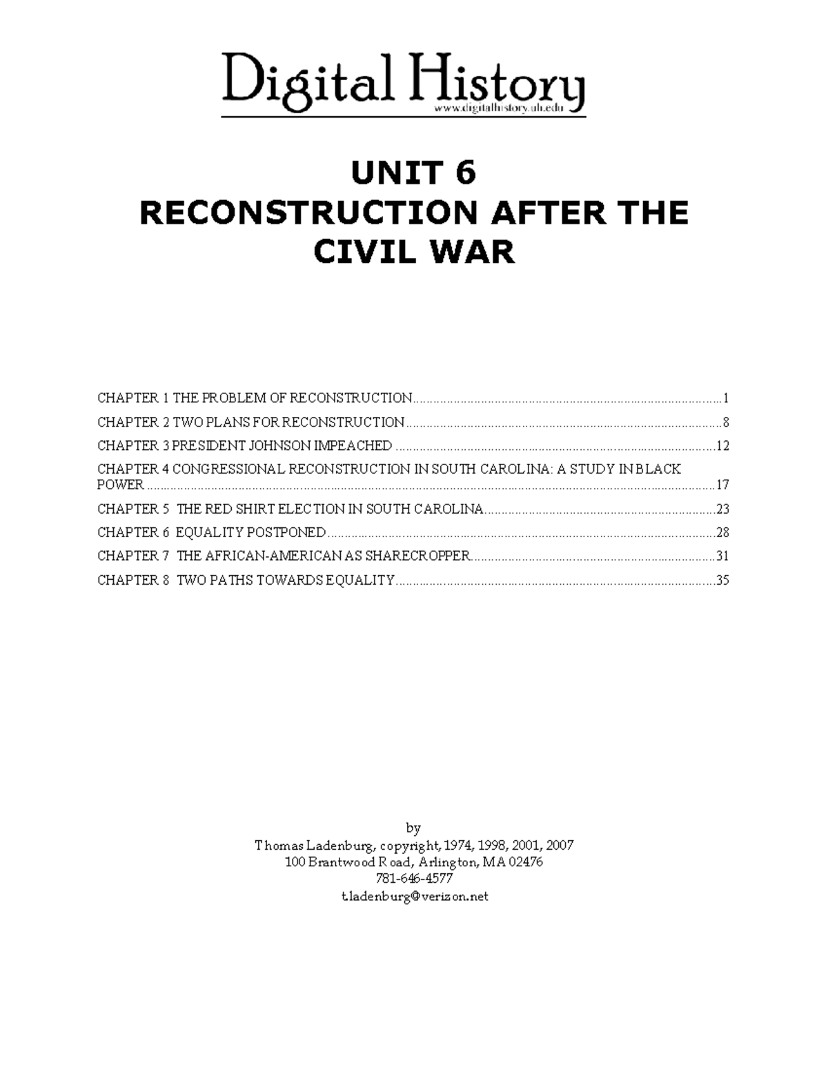 UNIT 6: RECONSTRUCTION AFTER THE CIVIL WAR - A COMPREHENSIVE STUDY ...