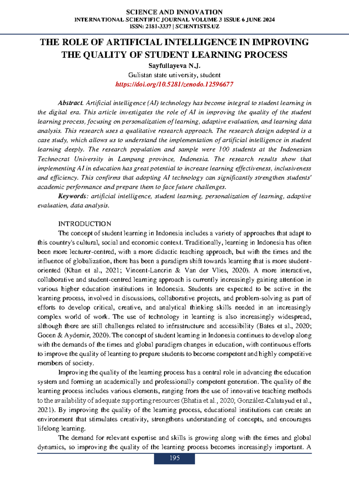 The Role of AI in Enhancing Student Learning Quality: A Case Study ...