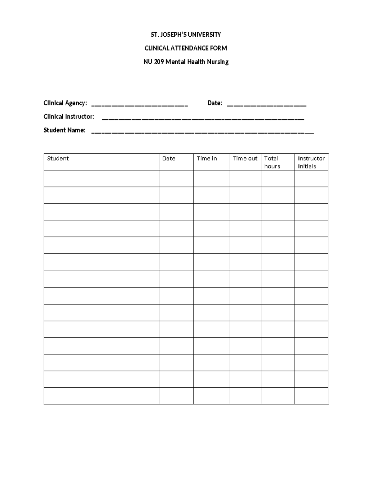 209 Clinical Hours sheet-3 - POL 102 - ST. JOSEPH’S UNIVERSITY CLINICAL ...