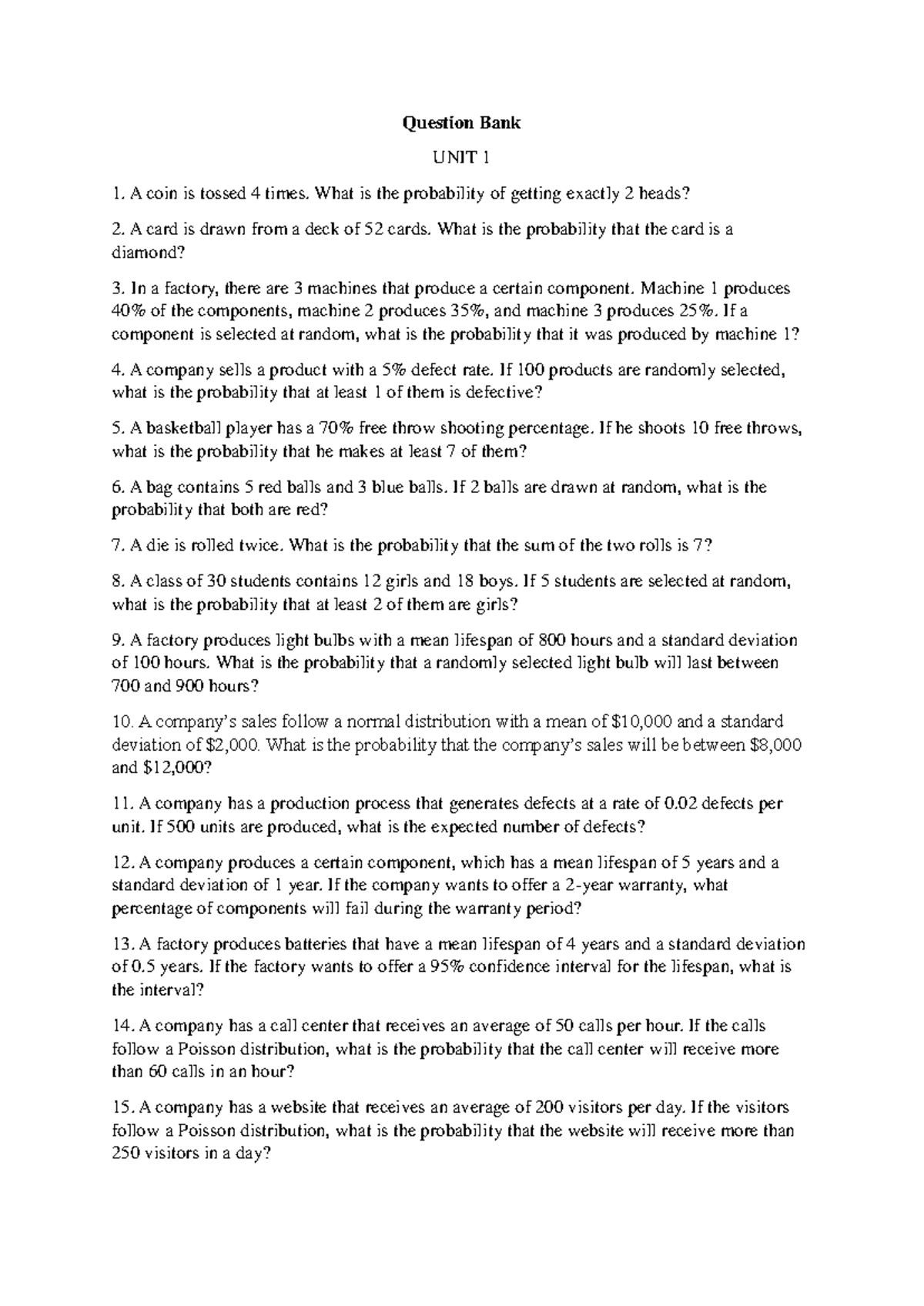 PSLP Question Bank: Probability and Statistical Analysis Questions ...
