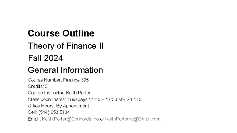 FINA 395 Course Outline: Theory of Finance II - Fall 2024 - Studocu