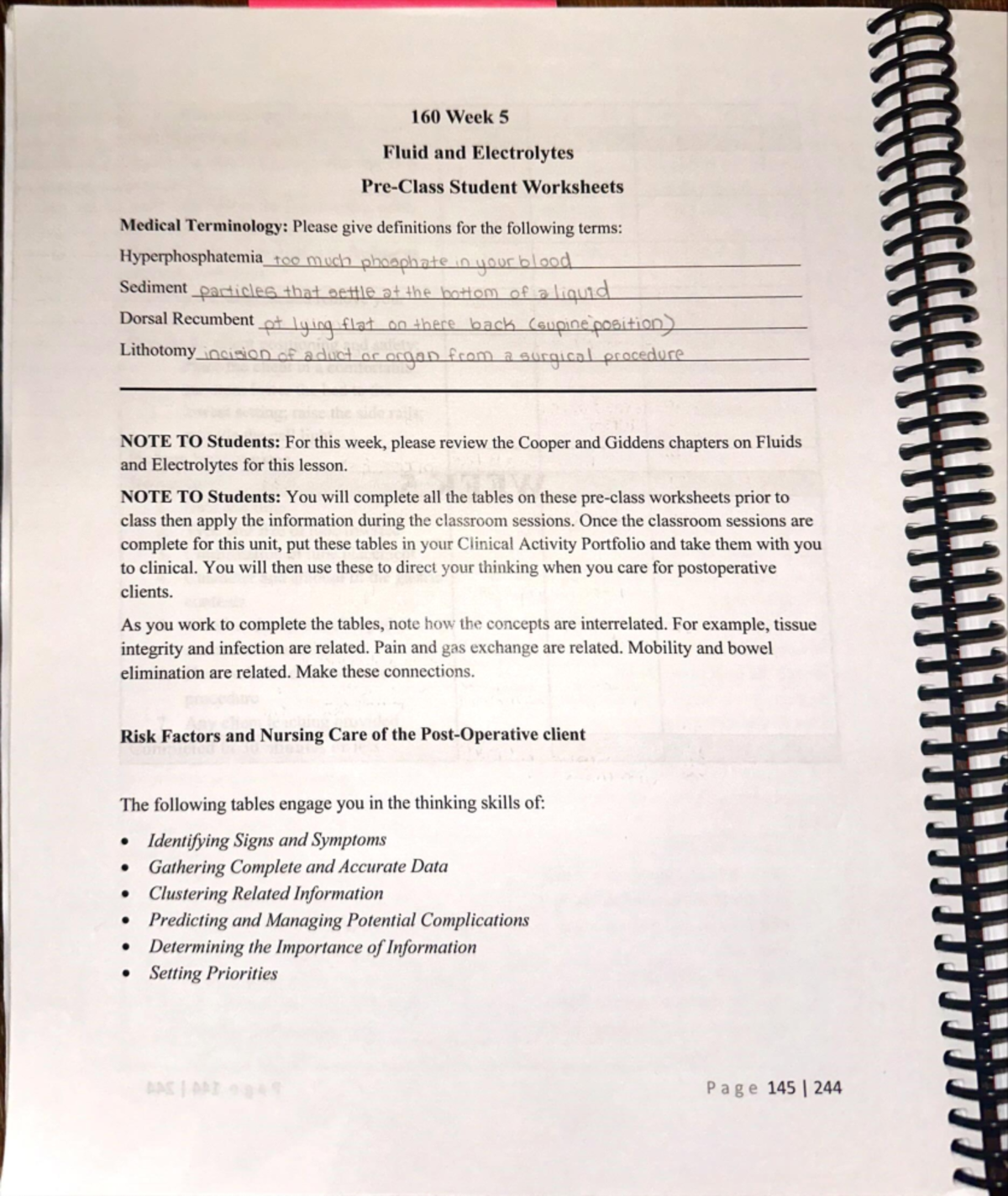160 WK5 - Lecture and assignment notes - 160 Week 5 Fluid and ...