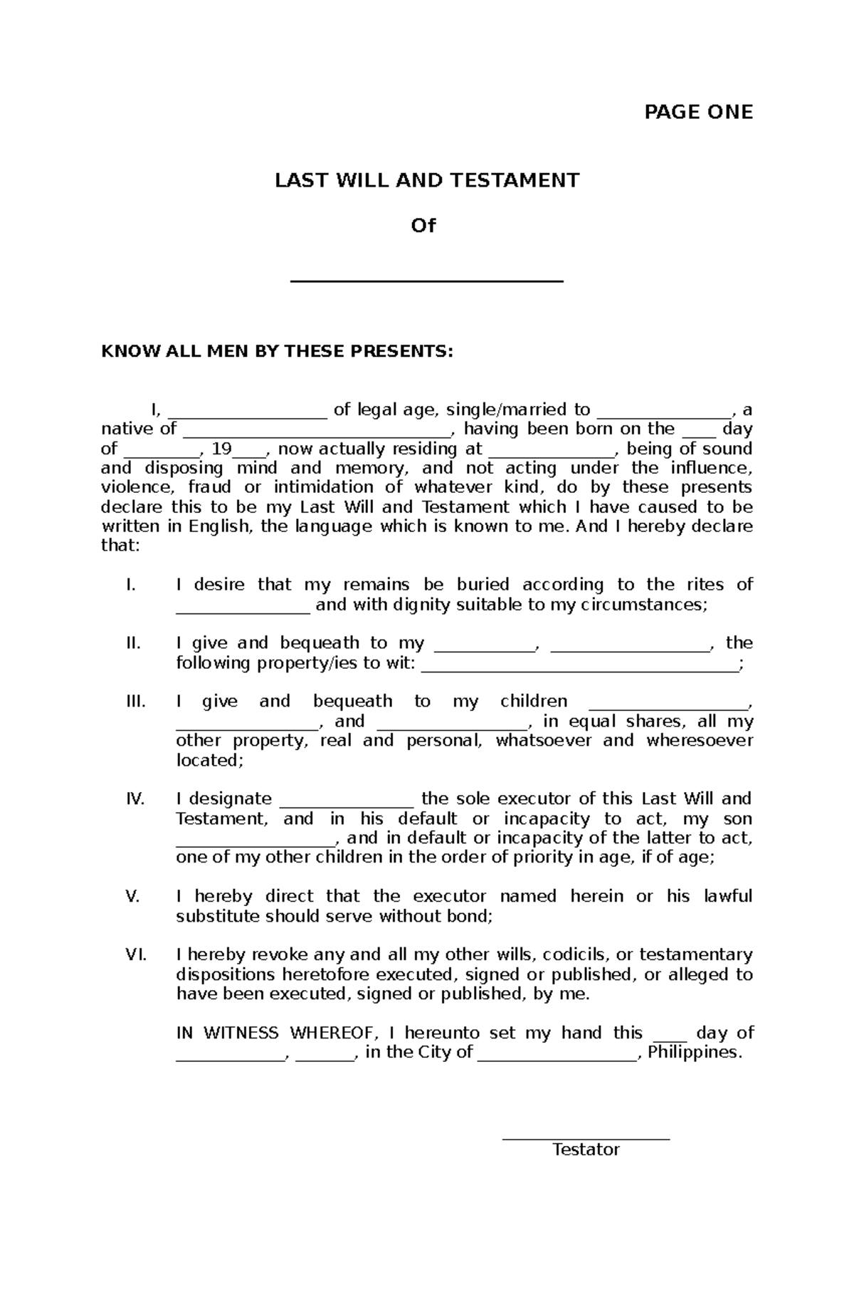 Last Will and Testament Template - Legal Document Guide - Studocu