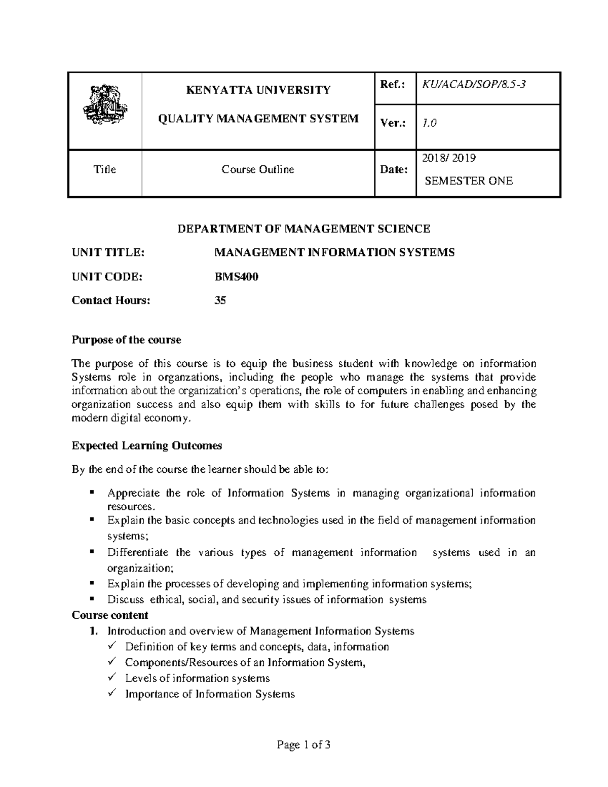 BMS 400 Management Information Systems Course Outline - Semester One ...