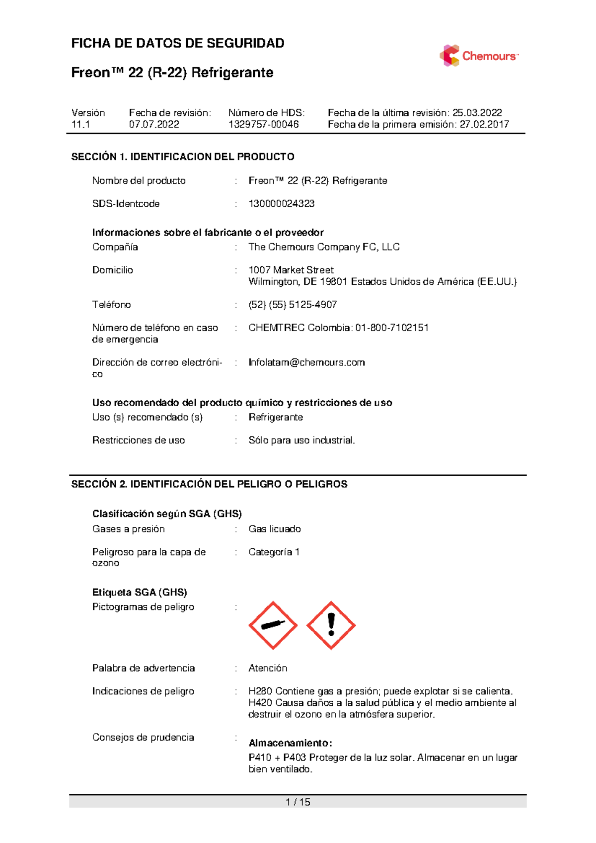 5. Freon R 22 - SGA - Freon™ 22 (R-22) Refrigerante Versión 11. 1 Fecha ...
