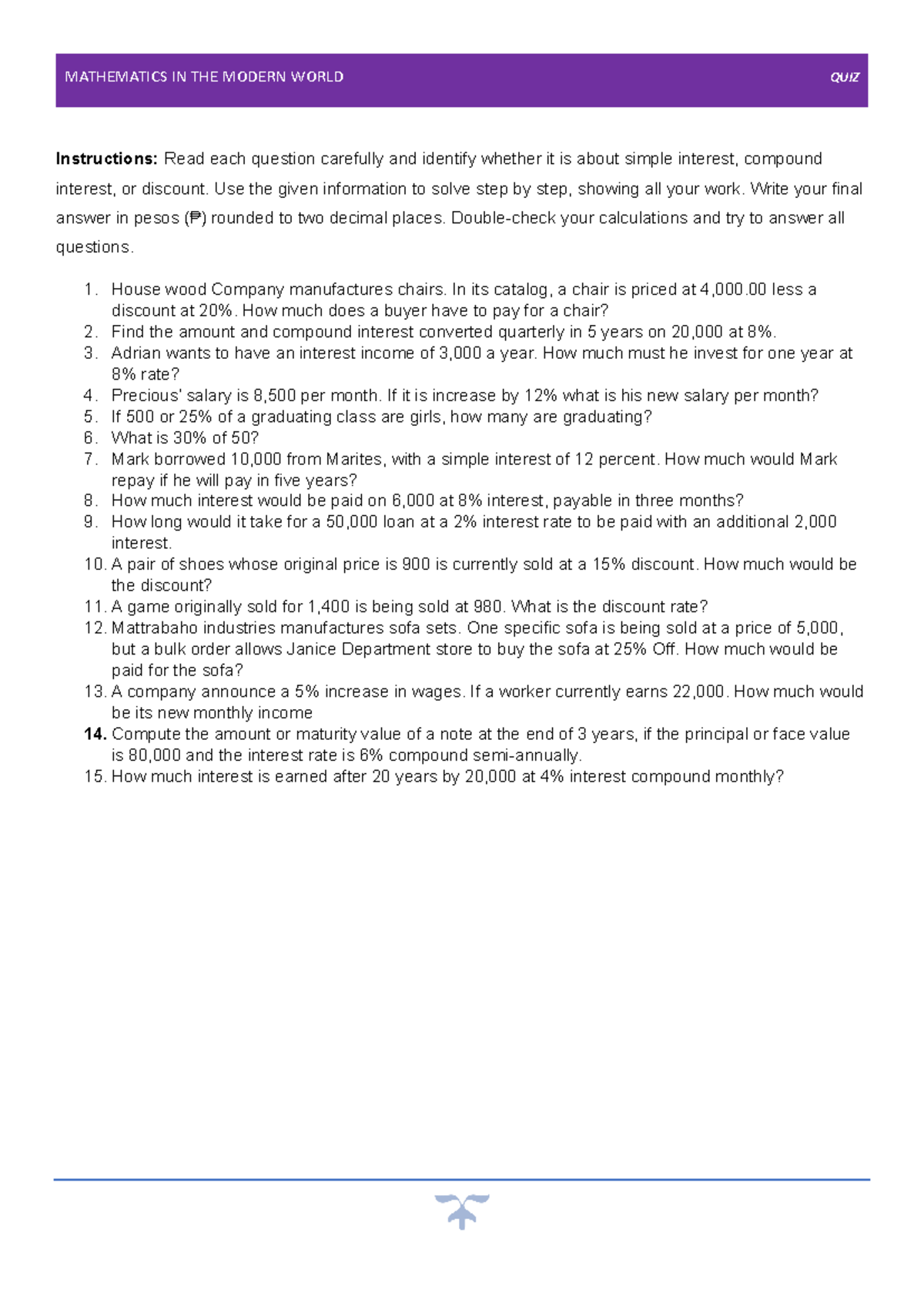 MATHEMATICS IN THE MODERN WORLD QUIZ: Simple & Compound Interest - Studocu