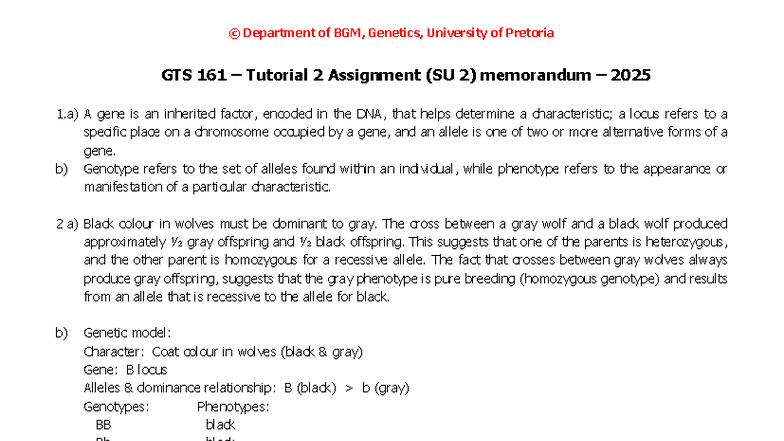 BGM GTS 161 Tutorial 2 Assignment Memo 2025 - Studocu
