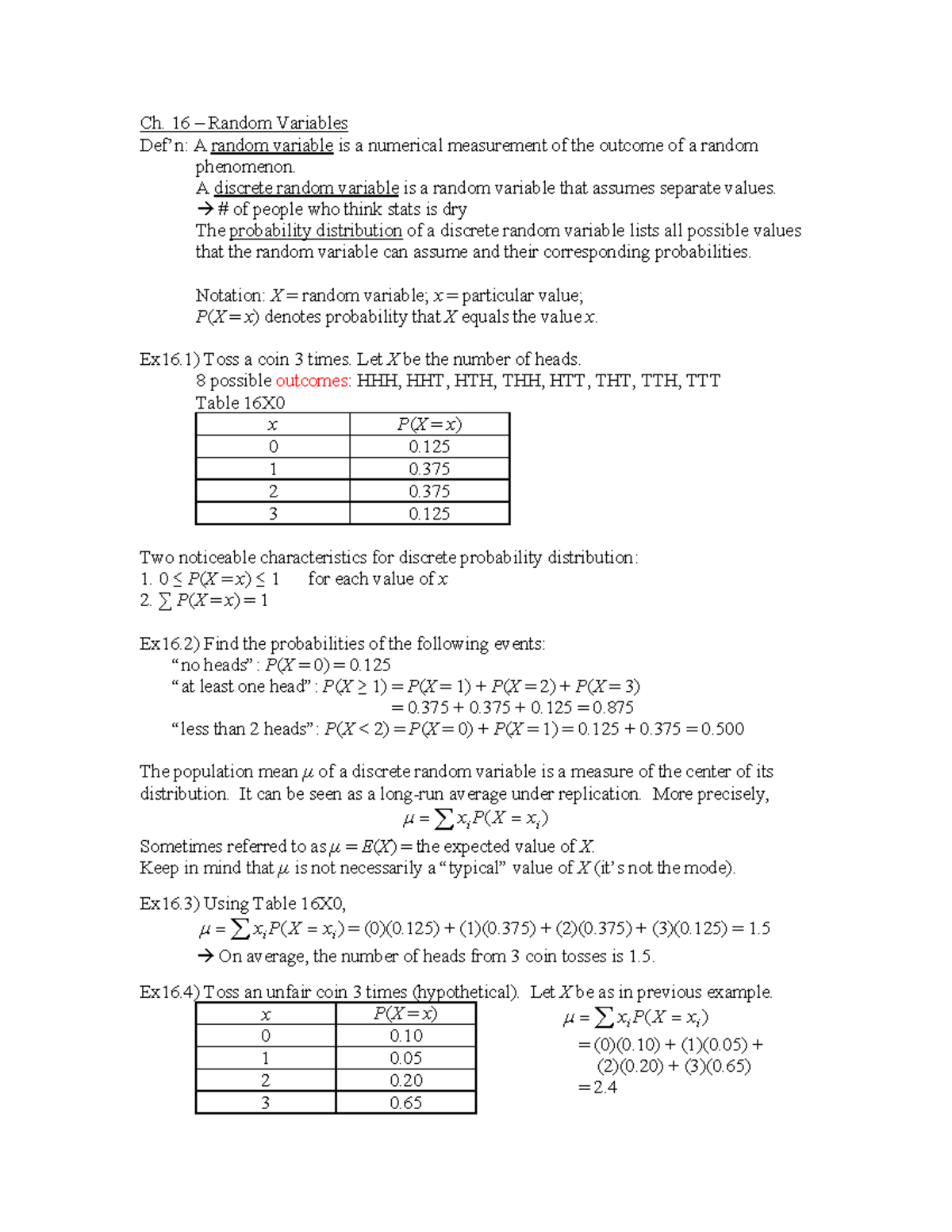Uastat 151Ch16-17 - Lecture notes 16-17 - Ch. 16 – Random Variables Def ...