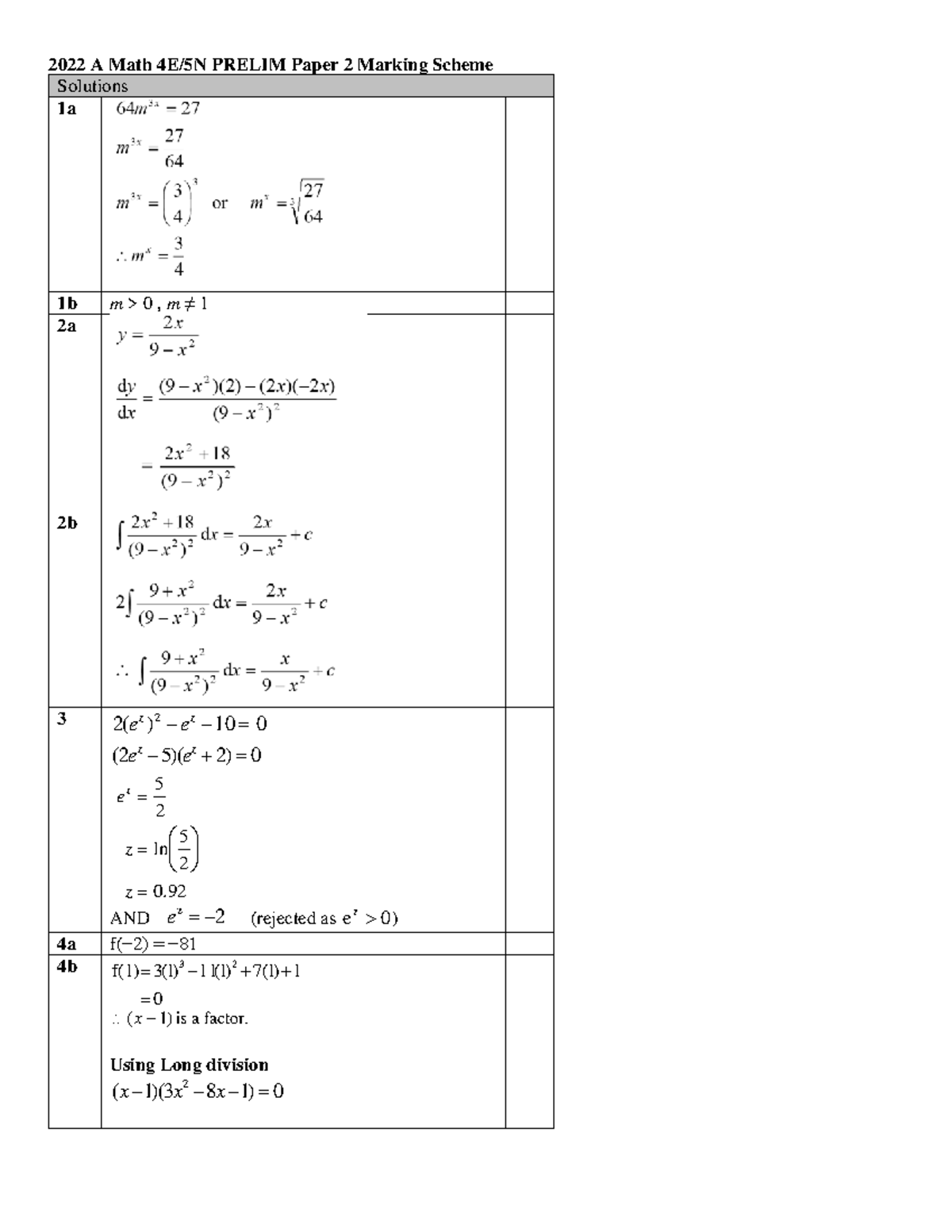2022 A Math PRELIM Paper 2 Marking Scheme Solutions - Studocu