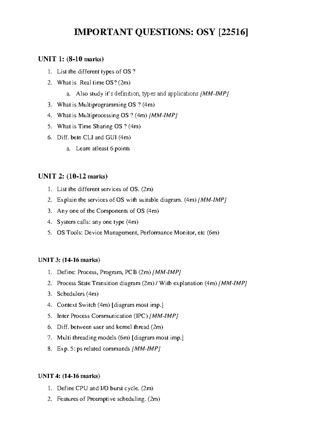 Important Questions for OSY: Unit 1 to Unit 4 Review - Studocu