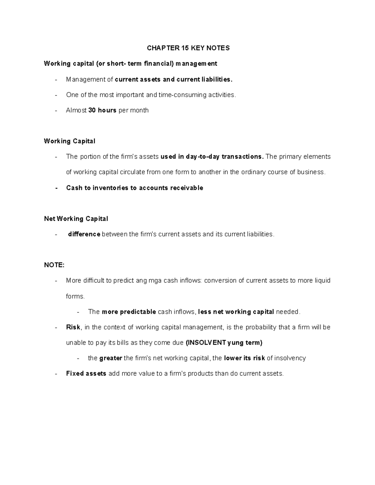 Ch15 Fin12 Notes on Working Capital & Current Assets Management - Studocu