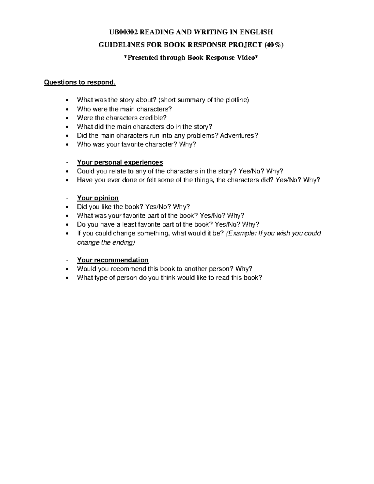 UB00302 Book Response Project Guidelines and Questions - Studocu