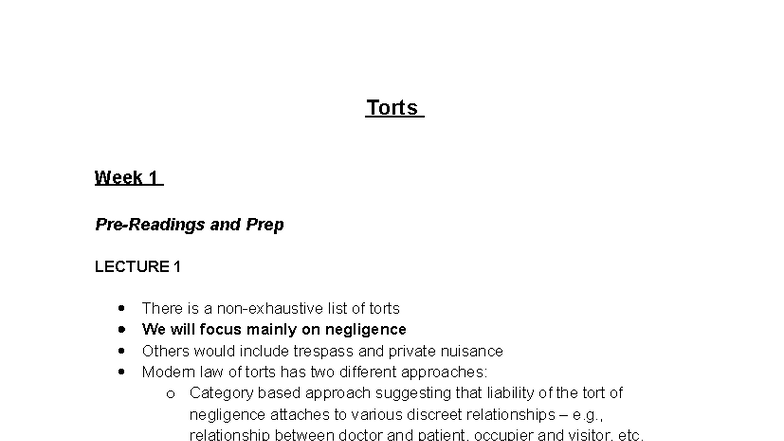 Torts - Notes - Torts Week 1 Pre-Readings and Prep LECTURE 1 There is a ...