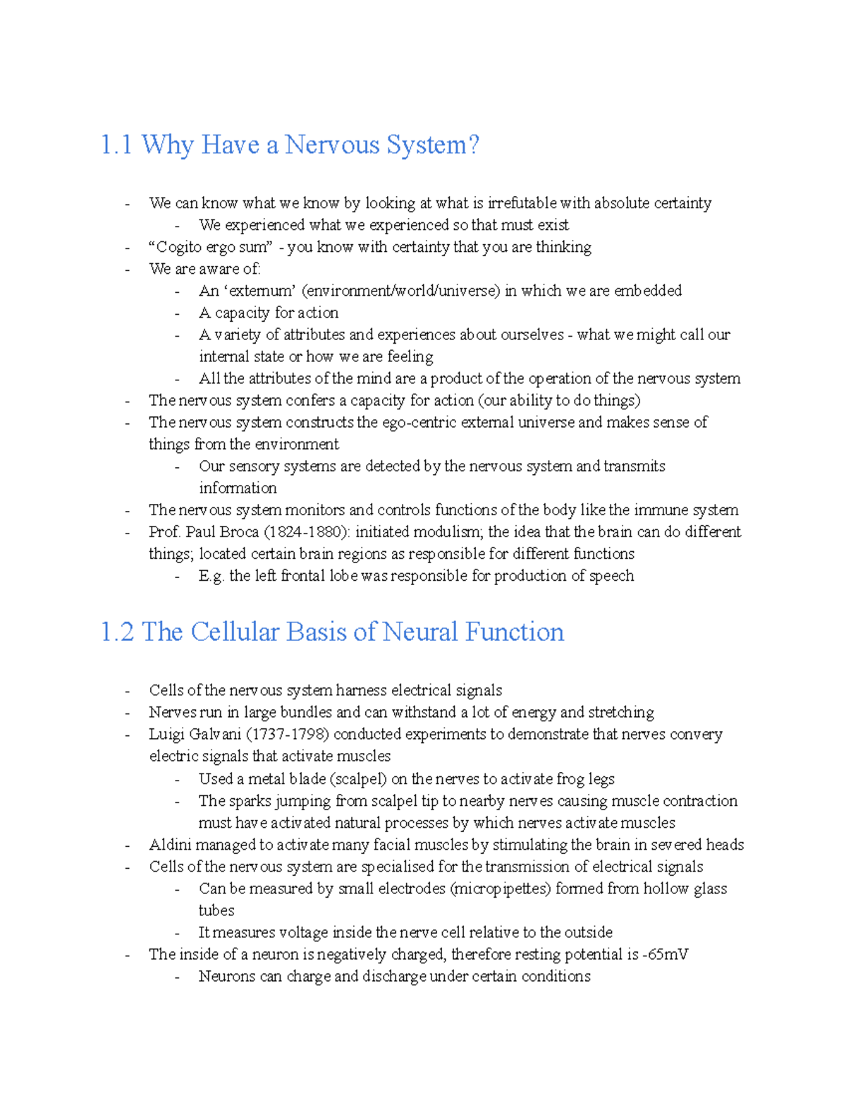 PoN Lecture Notes (Weeks 1-9): Nervous System Overview and Cellular ...