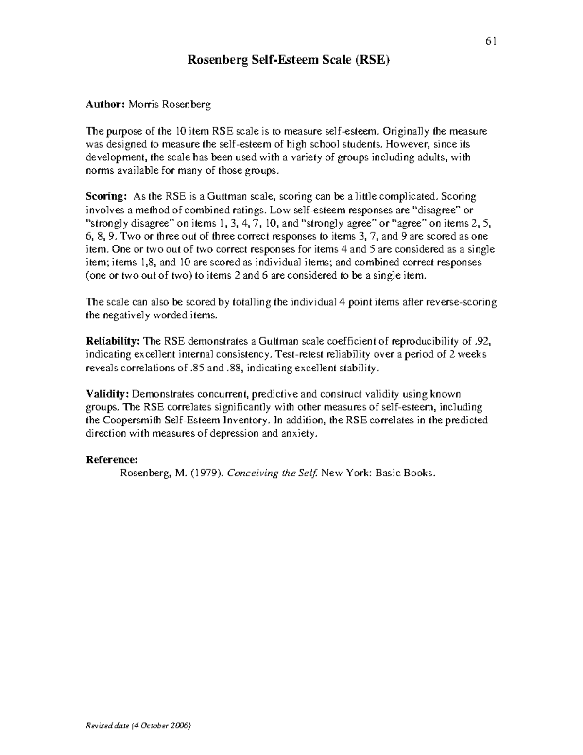 Rosenberg Self-Esteem Scale (RSE) Scoring and Analysis Notes - Studocu