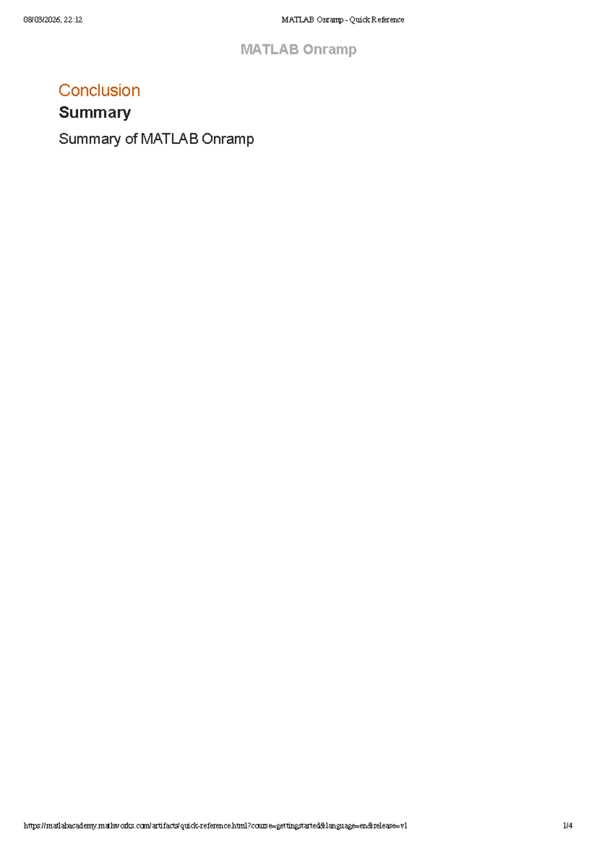 22:12 MATLAB Onramp Quick Reference Guide and Examples - Studocu
