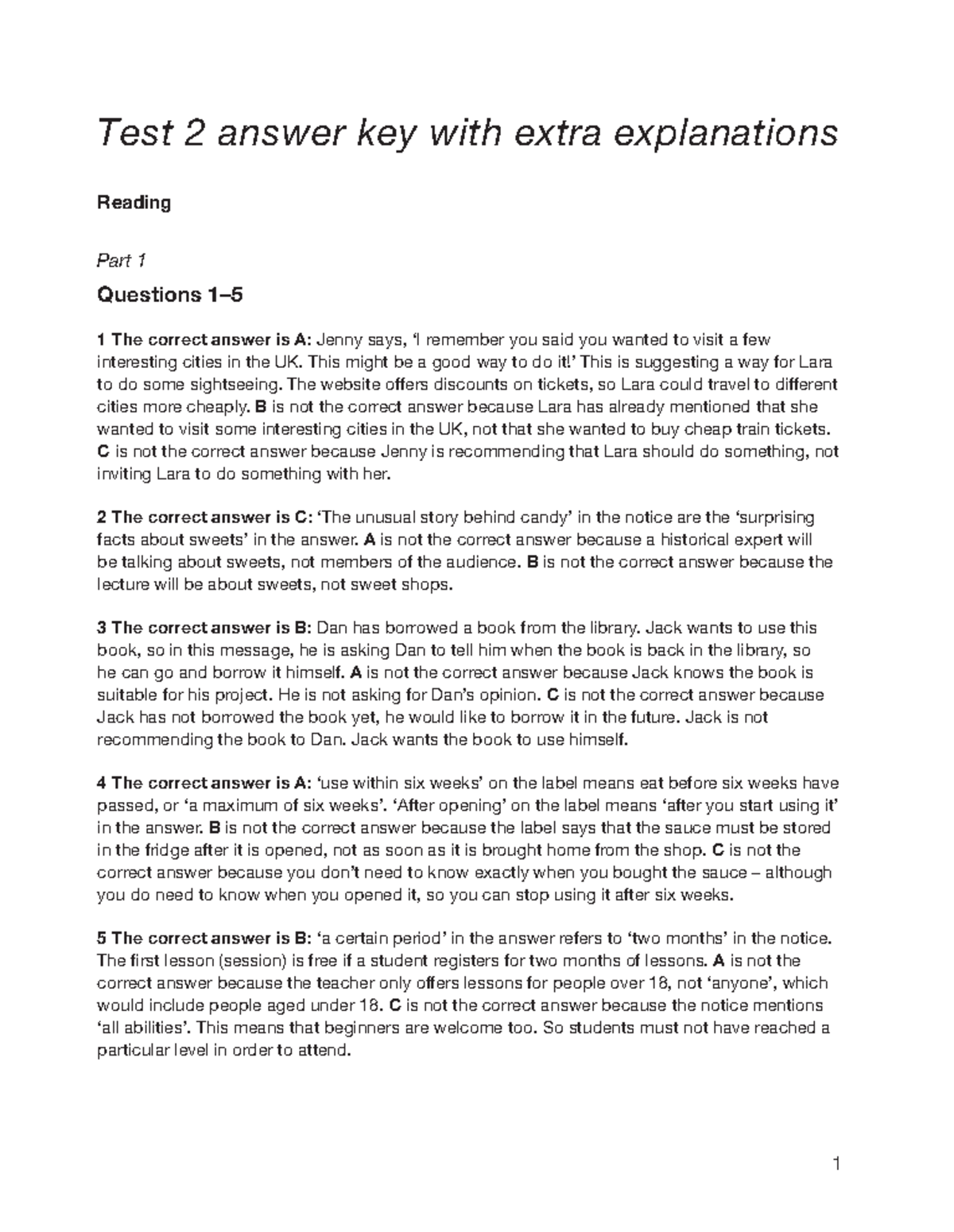 Test 2 answer key, Reading - 1 Test 2 answer key with extra ...