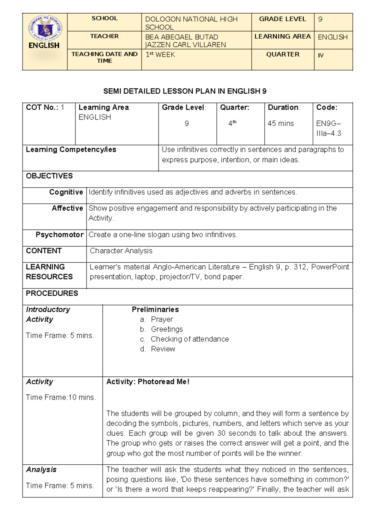 9 English IV Semi-Detailed Lesson Plan: Infinitives as Adjectives ...