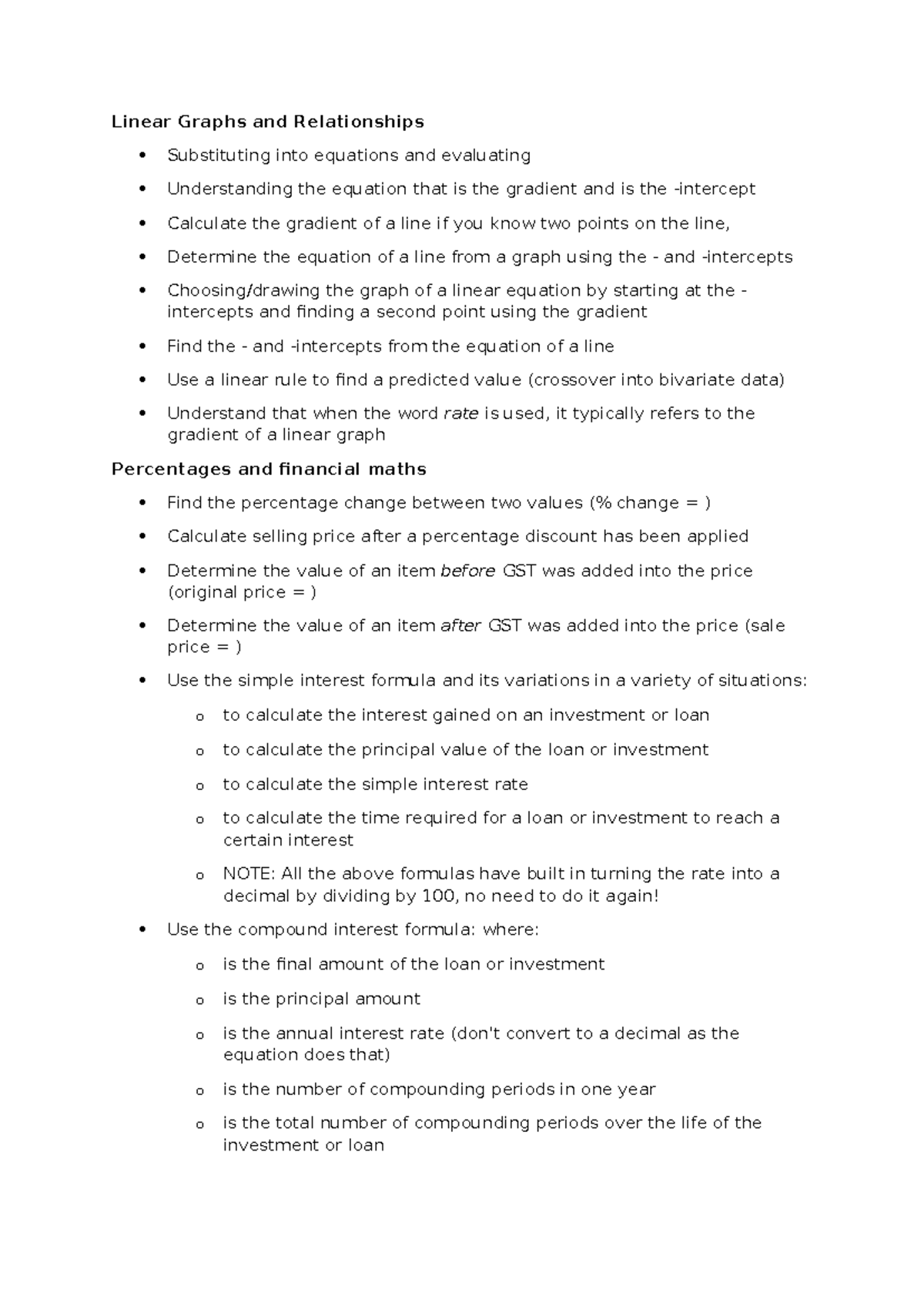 Maths - A checklist - Linear Graphs and Relationships Substituting into ...